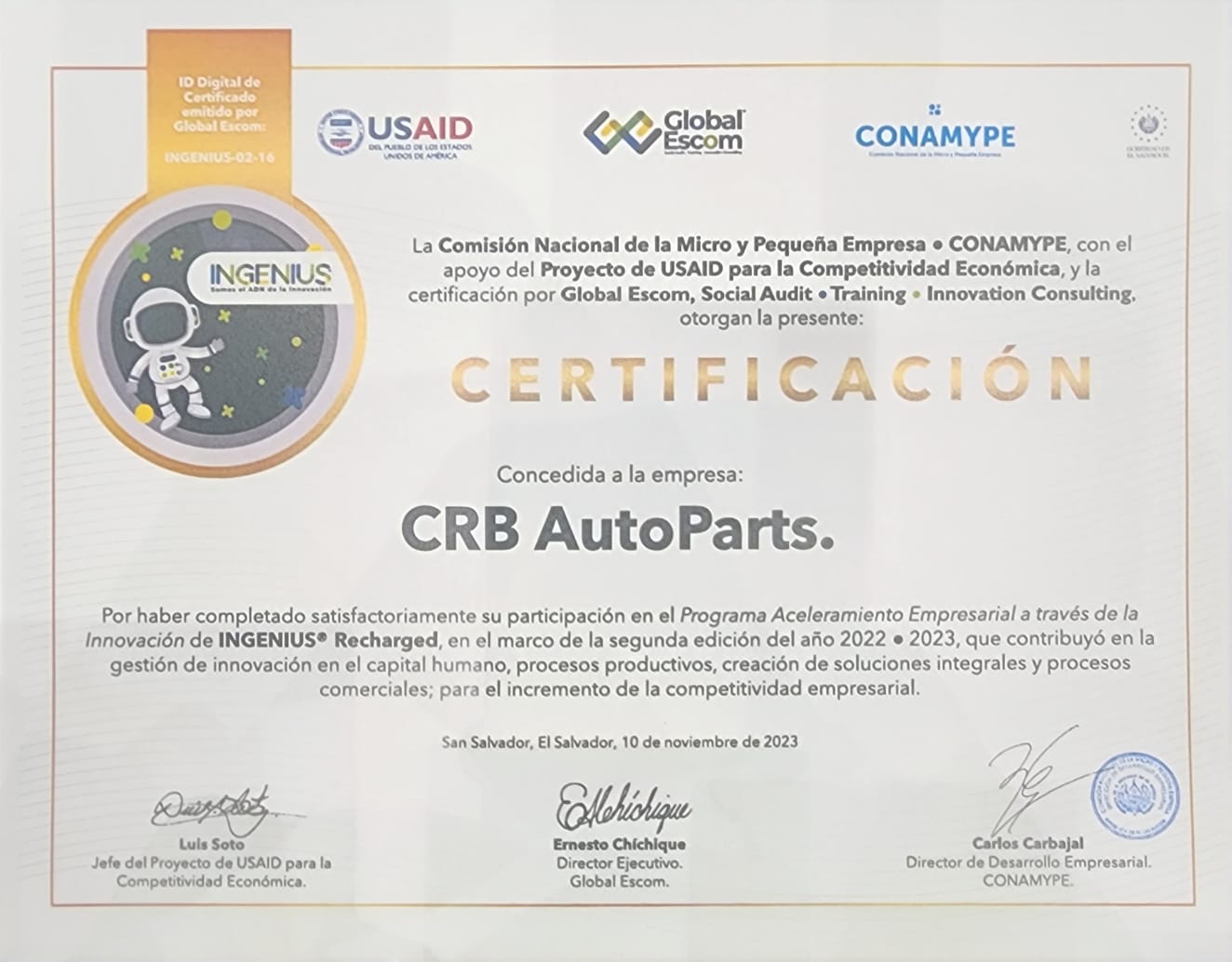 Certificación INGENIUS CRB Autoparts